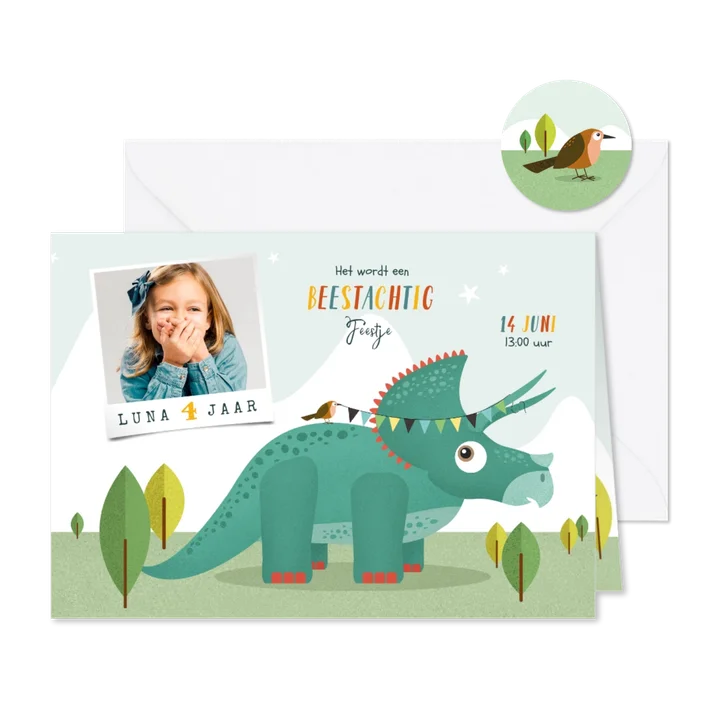 Kindefeestje vrolijk dinosaurus fotokaart triceratops