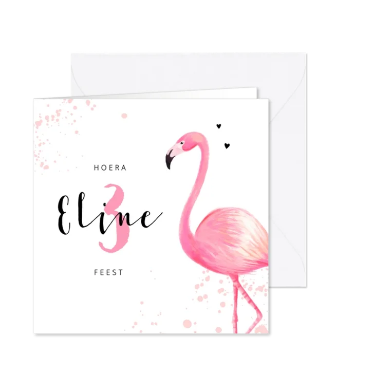 Kinderfeest uitnodiging roze met flamingo en spetters