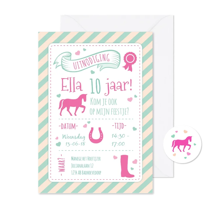 Kinderfeest uitnodiging voor een paarden feestje - roze 