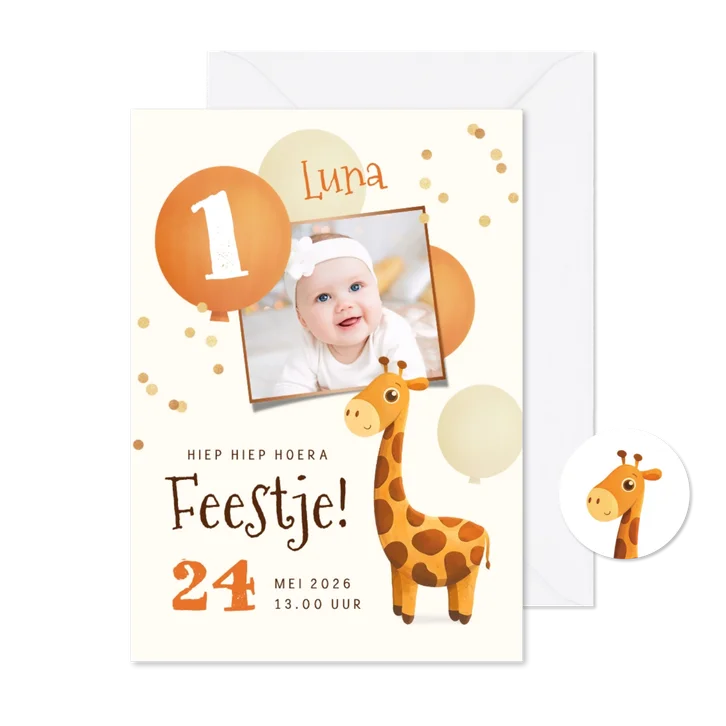 Kinderfeestje 1 jaar giraf ballonnen confetti foto