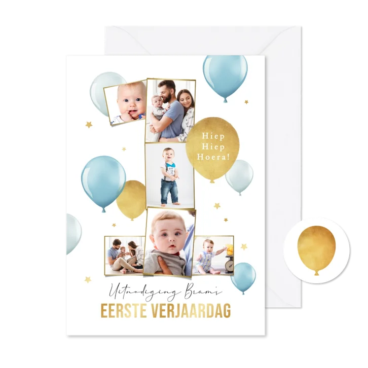 Kinderfeestje 1e verjaardag fotocollage cijfer 1 ballonnen