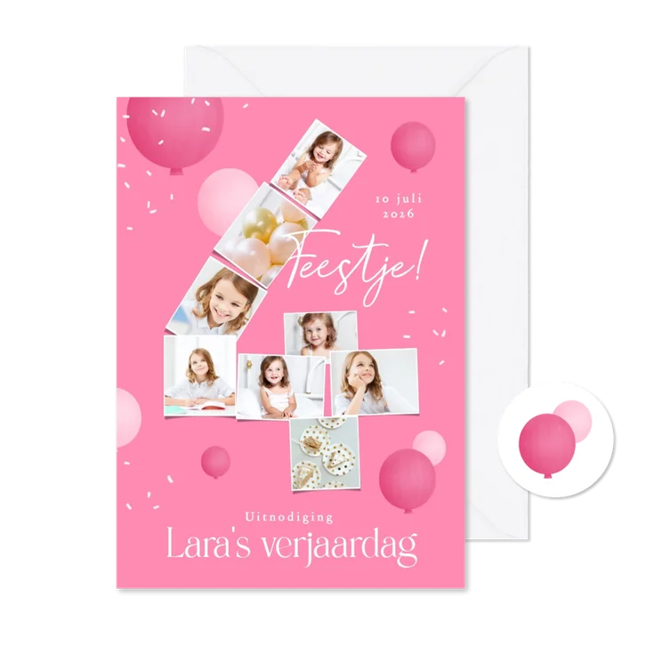 Kinderfeestje 4 jaar fotocollage confetti ballonnen roze