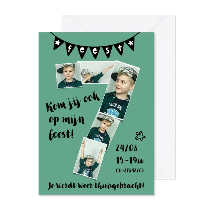 Kinderfeestje 7 jaar fotokaart voor jongen of meisje