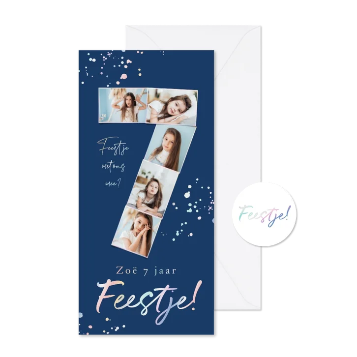 Kinderfeestje cijfer 7 jaar uitnodiging foto holografisch