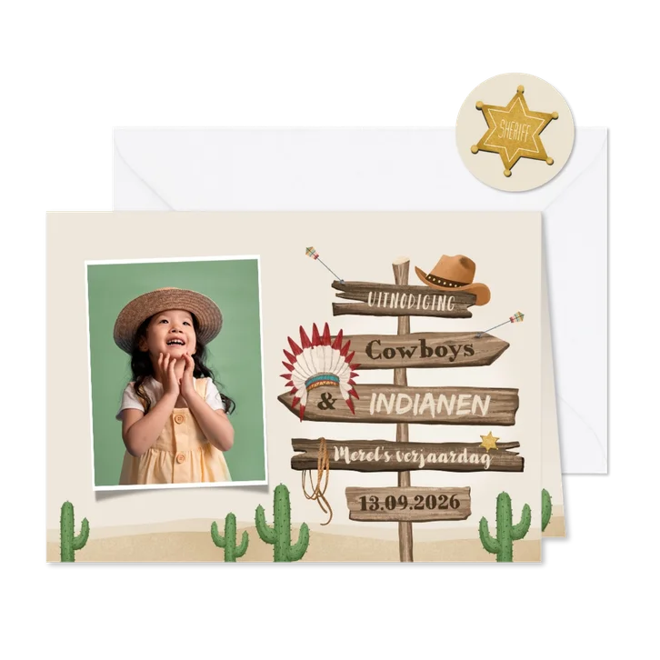 Kinderfeestje cowboys indianen foto wegwijzers hout