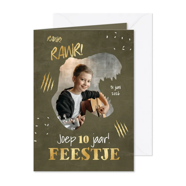 Kinderfeestje dino survival speurtocht jongen goud t-rex