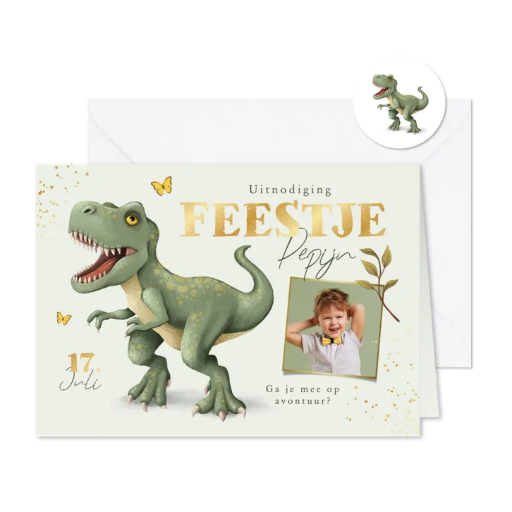 Kinderfeestje dinosaurus t-rex jungle stoer goud vlinders