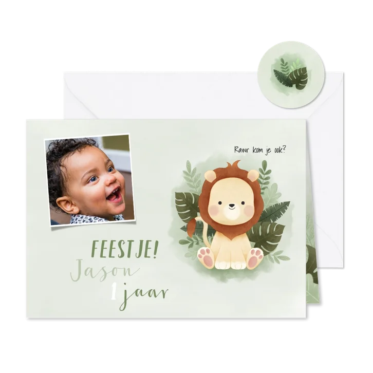 Kinderfeestje eerste verjaardag leeuwtje, jungle en foto