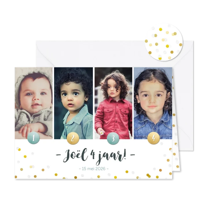 Kinderfeestje fotocollage uitnodiging 4 jaar met 4 foto's