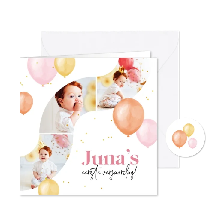 Kinderfeestje fotokaart ballonnen confetti eerste verjaardag