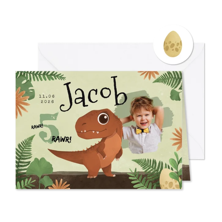 Kinderfeestje jongen dino T-rex ei foto Jurassic jungle