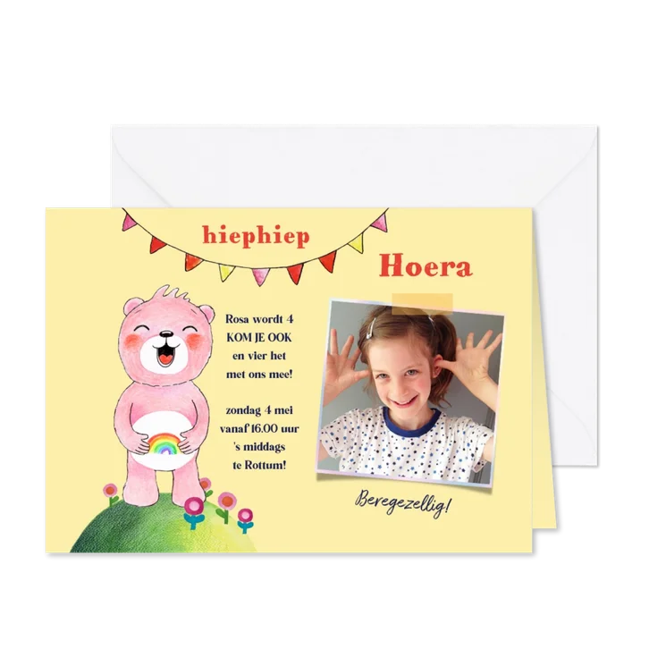 Kinderfeestje kaart met regenboog beertje