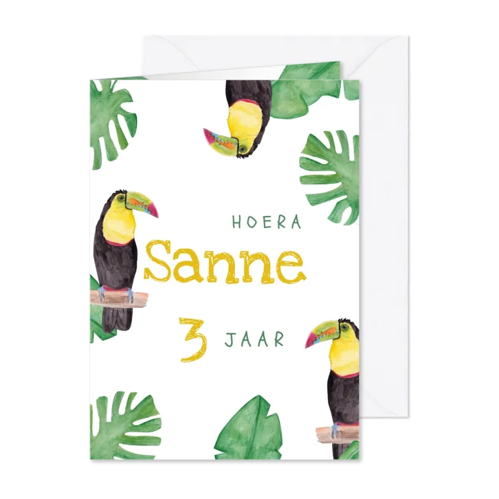 Kinderfeestje kaart met toekans voor jungle thema feest!