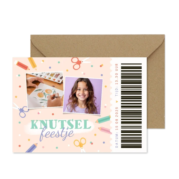 Kinderfeestje knutsel ticket schaar potloden confetti 