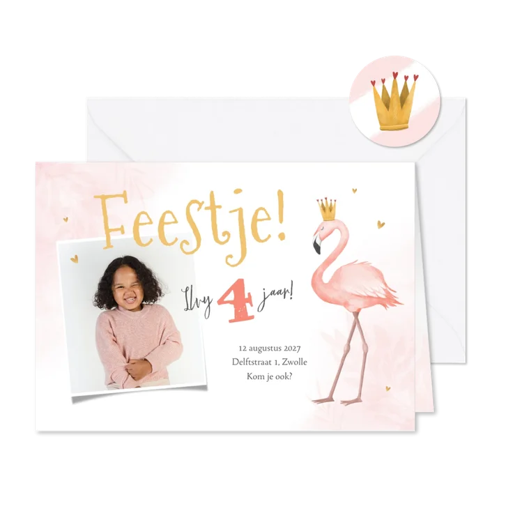 Kinderfeestje meisje flamingo foto hartjes goud kroontje