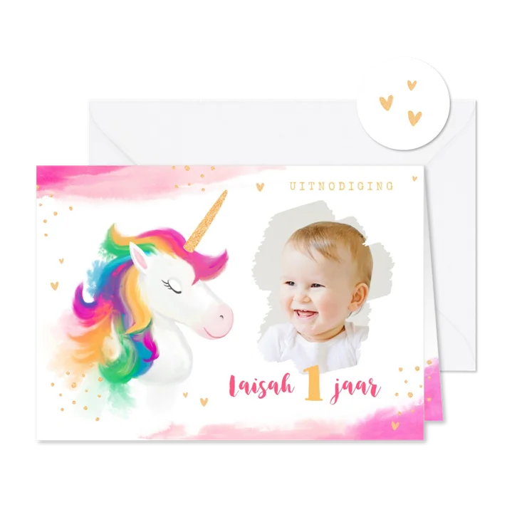 Kinderfeestje meisje waterverf unicorn goud