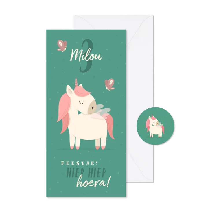 Kinderfeestje met unicorn en vlinders uitnodiging