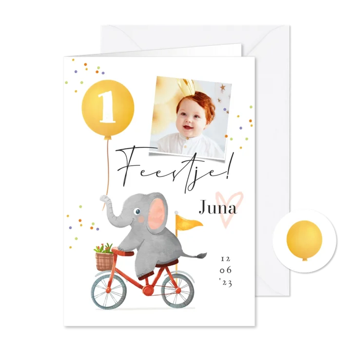 Kinderfeestje olifant op fiets ballon foto confetti