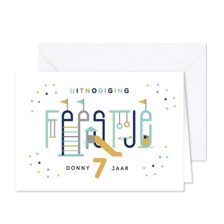 Kinderfeestje speeltuin typografisch uitnodiging jongen