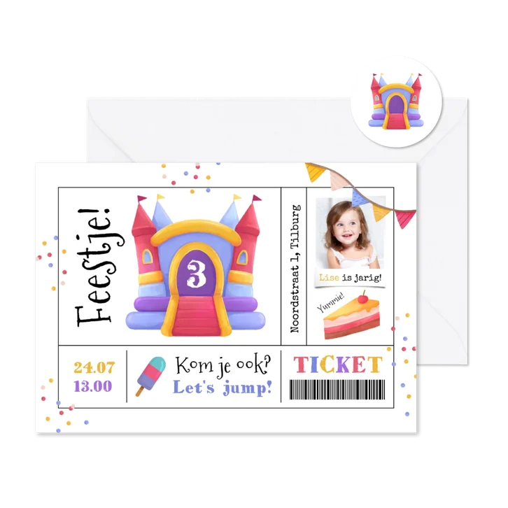 Kinderfeestje springkussen jump ticket taart foto confetti