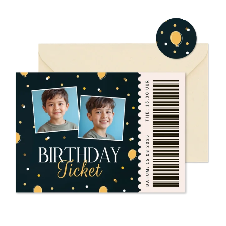 Kinderfeestje ticket blauw met ballonnetjes confetti foto's