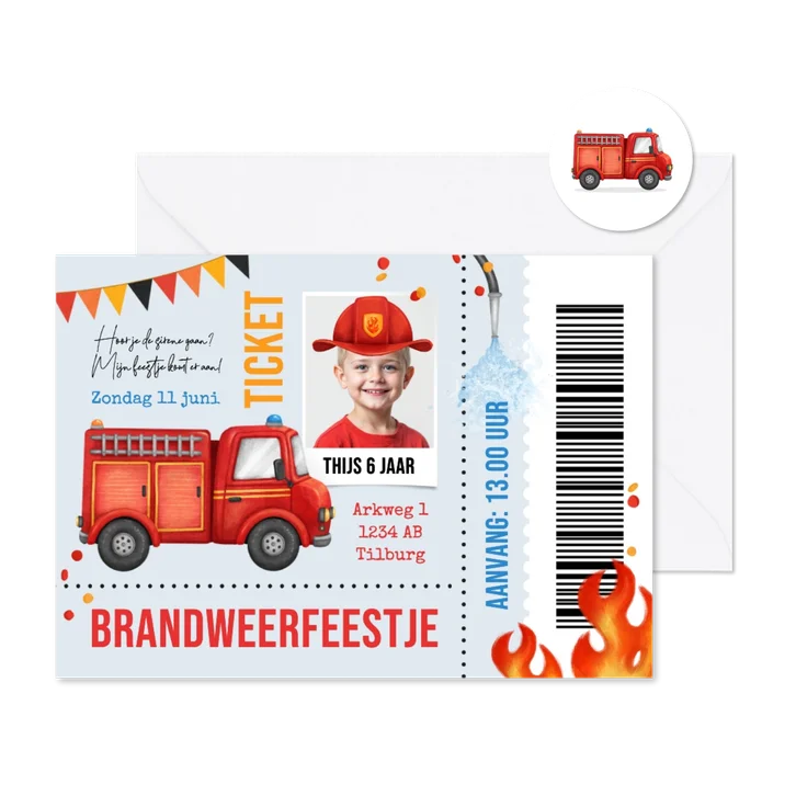 Kinderfeestje ticket brandweer stoer superheld brandweerauto