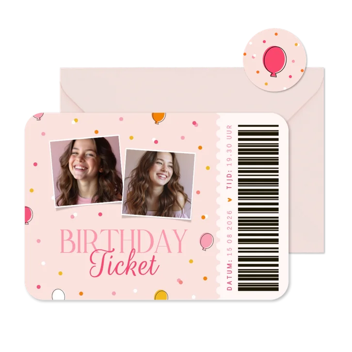 Kinderfeestje ticket roze ballonnetjes en confetti trendy