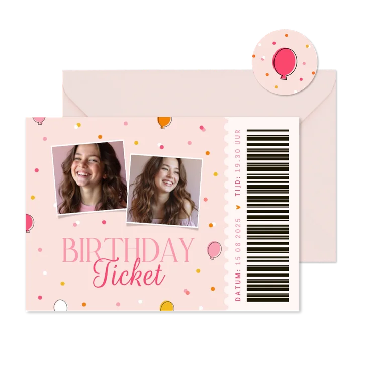 Kinderfeestje ticket roze ballonnetjes en confetti trendy