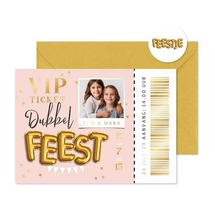 Kinderfeestje ticket samen jarig foto goud confetti