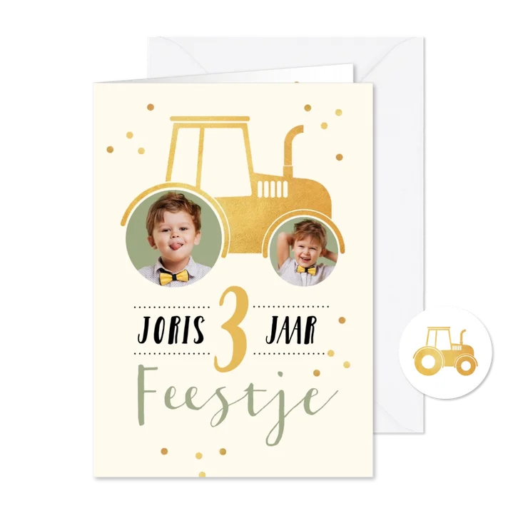 Kinderfeestje tractor goud foto confetti verjaardag feest