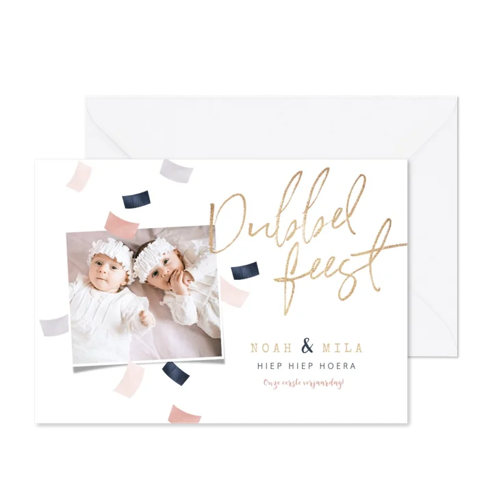 Kinderfeestje tweeling confetti dubbel feest roze goud