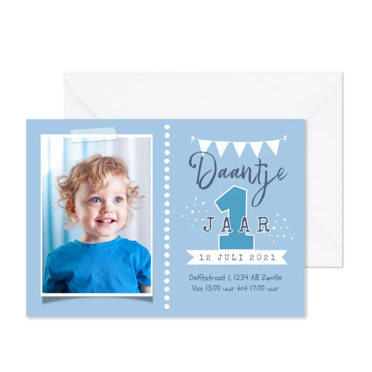 Kinderfeestje uitnodiging 1 jaar jongen foto feest slinger