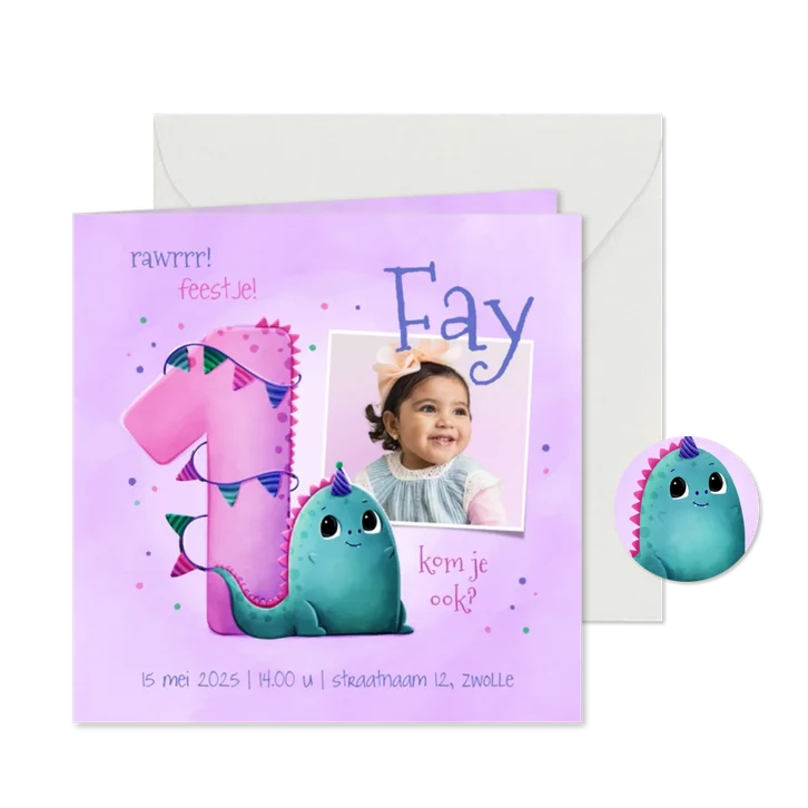 Kinderfeestje uitnodiging 1 jaar vrolijk met dino en vlaggen