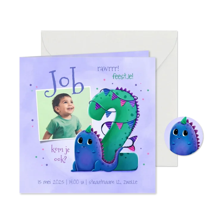 Kinderfeestje uitnodiging 2 jaar vrolijk met dino en vlaggen