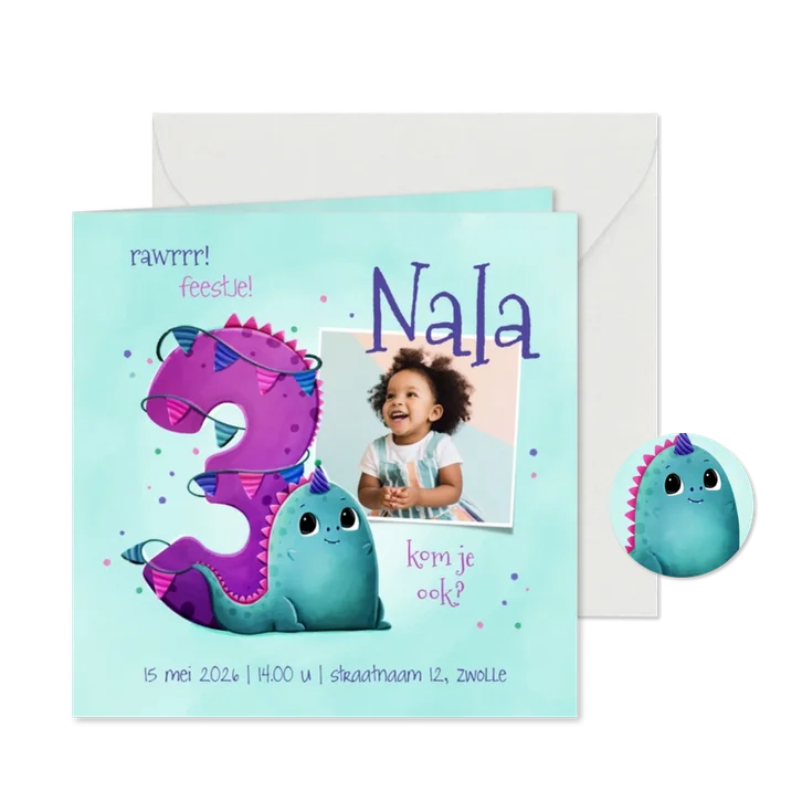 Kinderfeestje uitnodiging 3 jaar vrolijk met dino en vlaggen