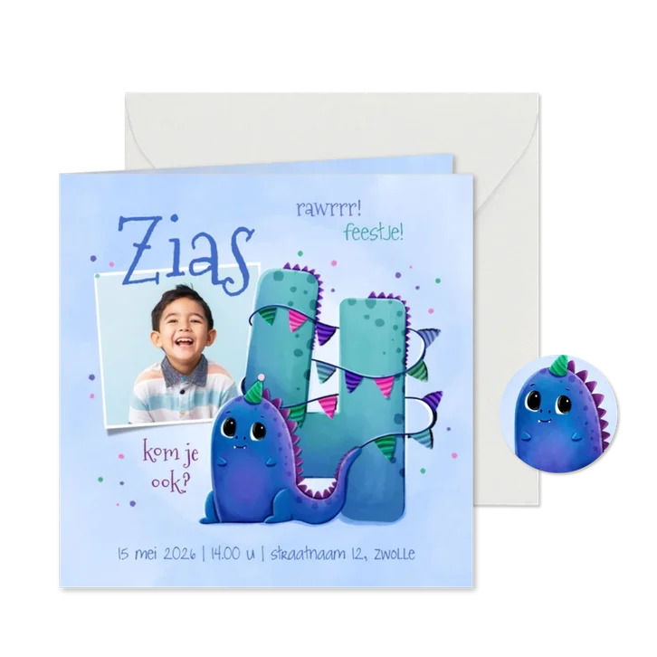 Kinderfeestje uitnodiging 4 jaar vrolijk met dino en vlaggen
