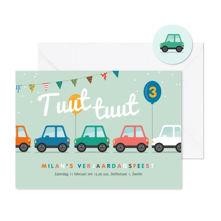 Kinderfeestje uitnodiging auto parade ballonnen