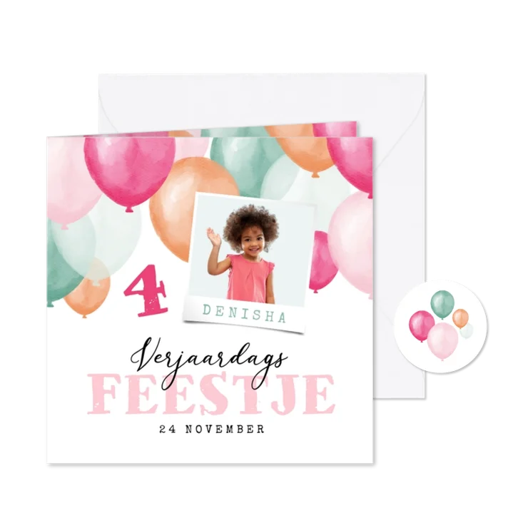 Kinderfeestje uitnodiging ballonnen roze mint waterverf foto