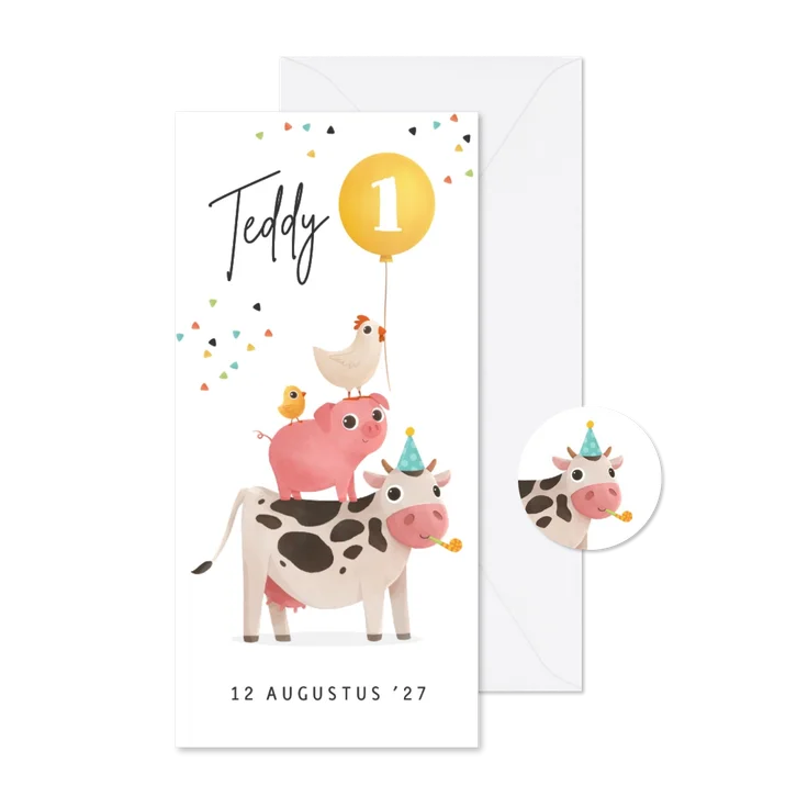 Kinderfeestje uitnodiging boerderijdieren feestje confetti