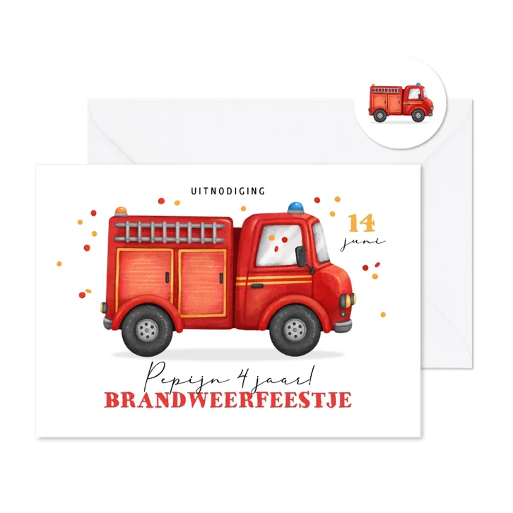 Kinderfeestje uitnodiging brandweer unisex confetti