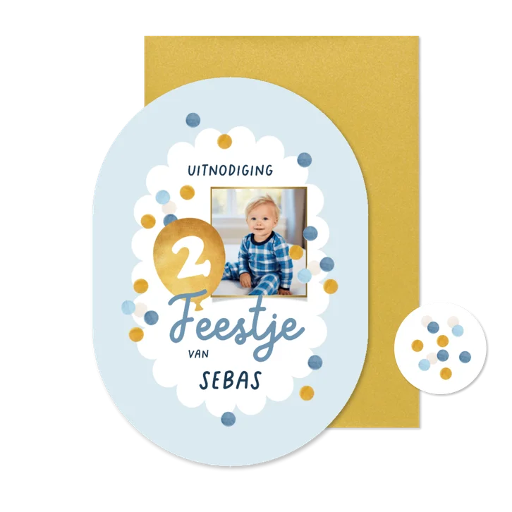 Kinderfeestje uitnodiging confetti 2 jaar foto goud blauw