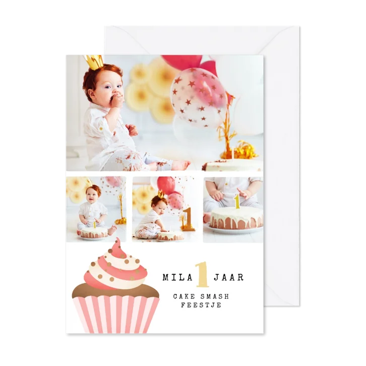 kinderfeestje uitnodiging cupcake cake smash fotocollage
