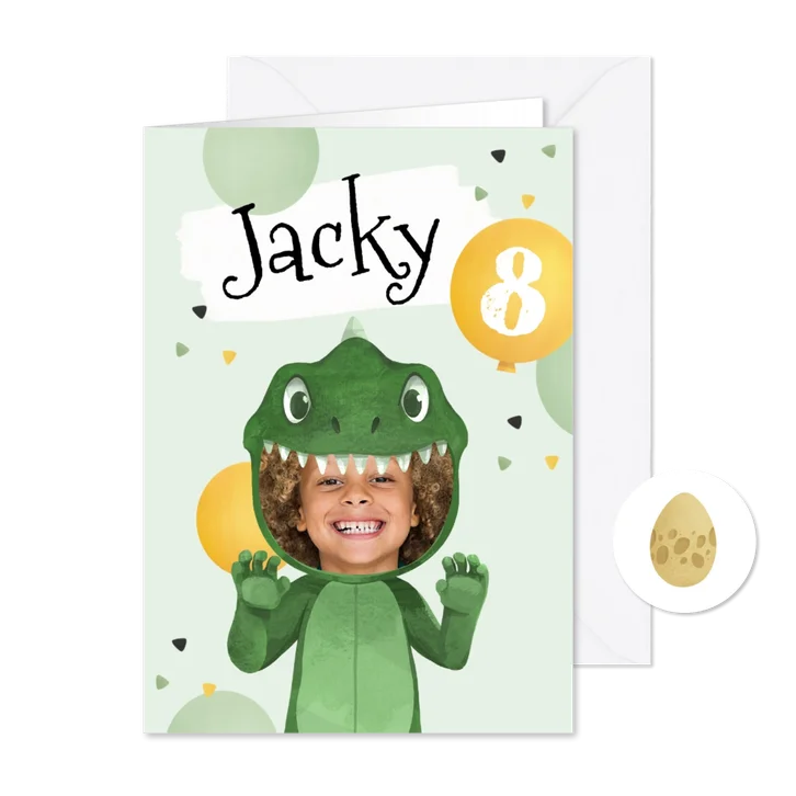 Kinderfeestje uitnodiging dino ballonnen confetti foto