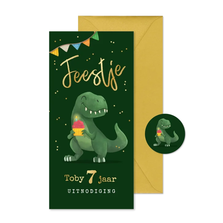 Kinderfeestje uitnodiging dinosaurus t-rex slingers confetti