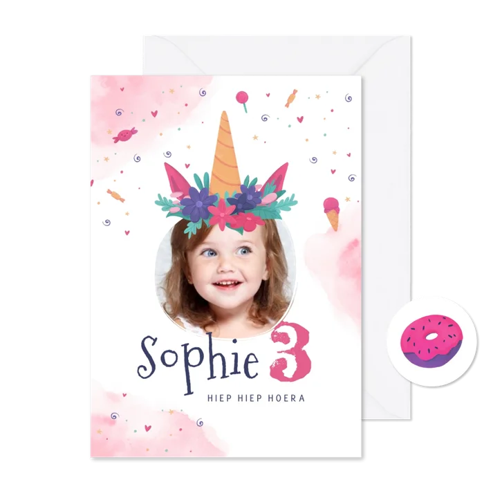 Kinderfeestje uitnodiging eenhoorn waterverf foto snoep