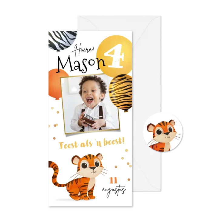 Kinderfeestje uitnodiging feestje tijger ballonnen jungle