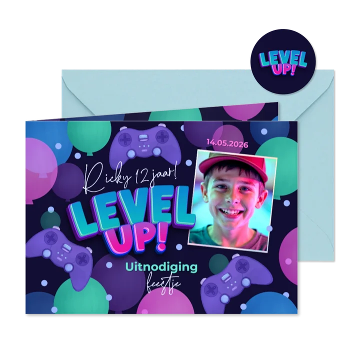 Kinderfeestje uitnodiging game party level up gaming