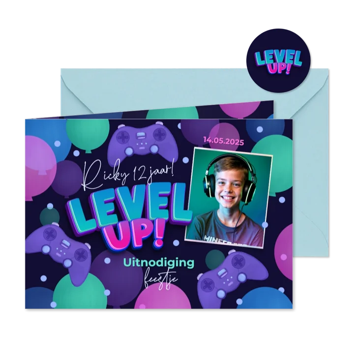 Kinderfeestje uitnodiging game party level up gaming