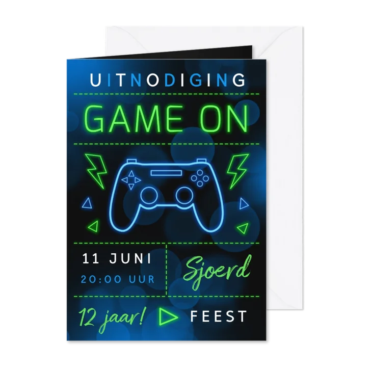 Kinderfeestje uitnodiging game party neon 