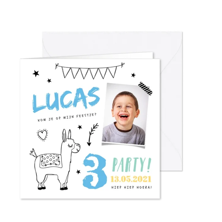 Kinderfeestje uitnodiging hip jongen met alpaca en foto